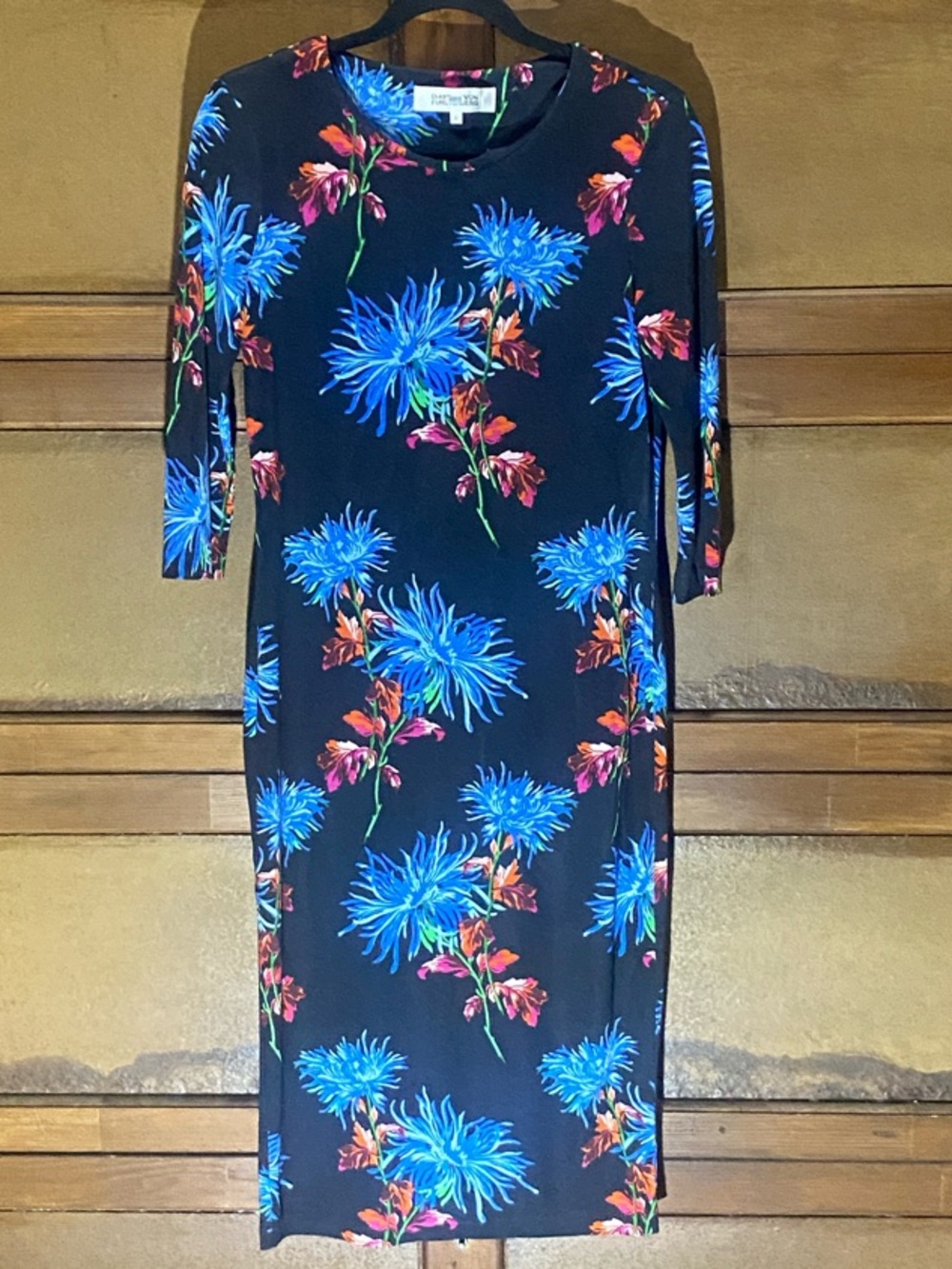 Diane Von Furstenberg Black Long-Sleeve Dress with Bright Blue Floral Print